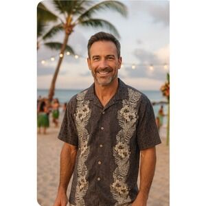 Tommy Bahama 100% Silk Shirt, Short Sleeve, L, Grey W Flowers 
Aloha Beach waves